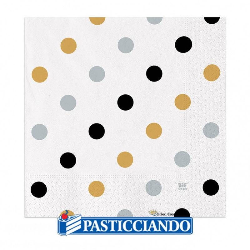 Tovaglioli bianchi con pois oro argento e nero 33x33cm 20pz - Big Party