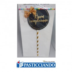  Vendita on-line di Topper fiocco Buon Compleanno oro e nero rotondo  