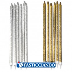 Candele glitterate oro e argento 15cm 12pz Big Party in vendita online